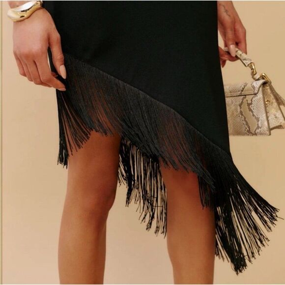 reformation New Agata Solid Black Fringe V Neck Tank Mini Dress Xs - Picture 4 of 10